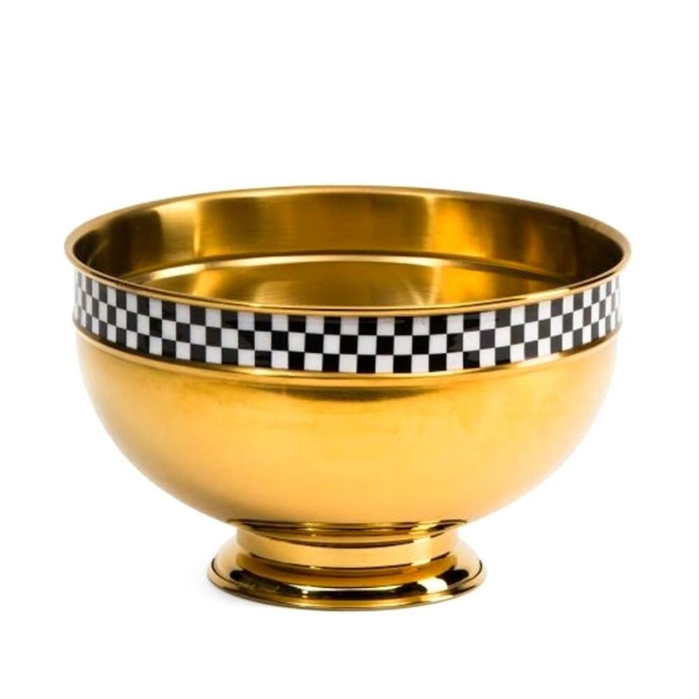 Tahari Home Gold Pedestal Bowl w/ Black White Checkered Band 10.5in NEW